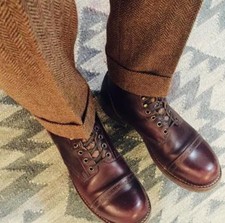 Men's Winter 70 Wool Pants British Retro Straight Trousers Herringbone Pattern