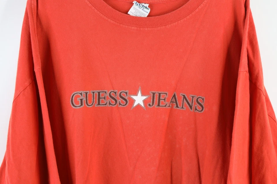Vtg 90s Guess Mens 2XL Faded Spell Out Center Logo Short Sleeve T-Shirt Orange - Image 4 of 4