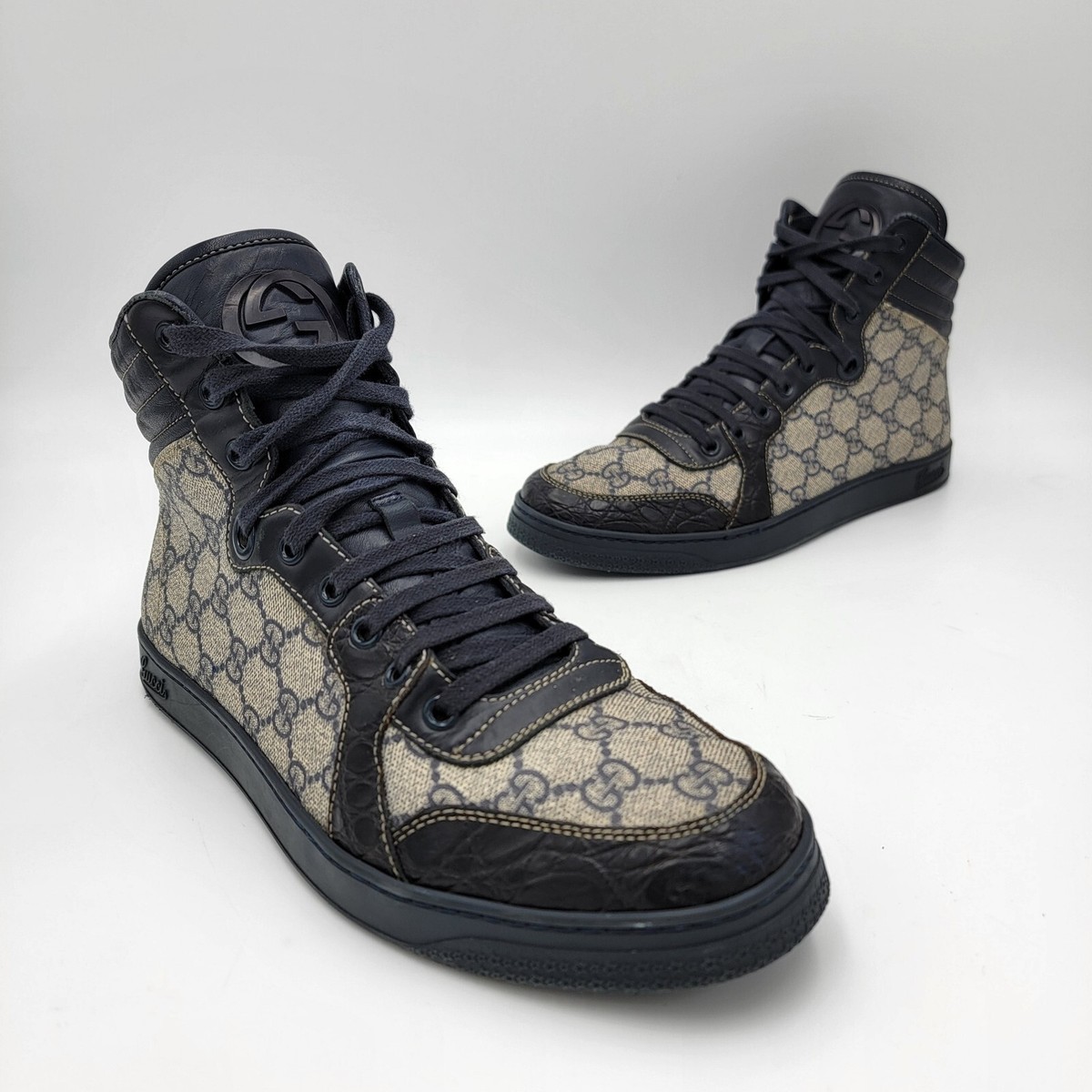 Gucci Men's GG Monogram Canvas Black Navy High Top Sneakers Gucci Men's GG Monogram Canvas Black Navy High Top Sneakers