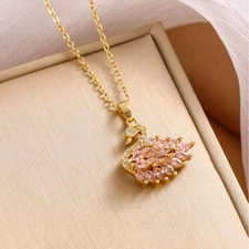 Woman Necklace Swan CZ Charm Pendant 18K Gold Plated Stainless Steel Chain Gift