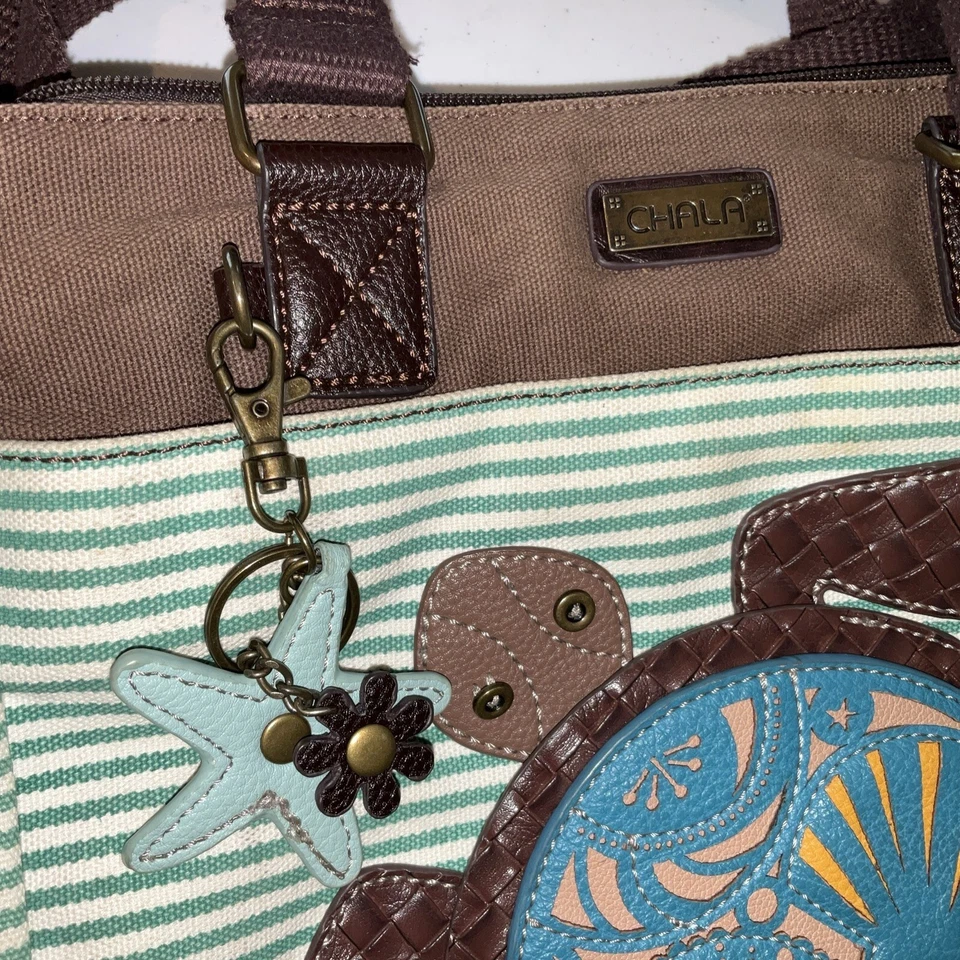 Bolso de Mano Tortuga Chala Grande Bolso para Mamá Bolsillos Compartimentos Algodón Cuero Foto 3 de 4