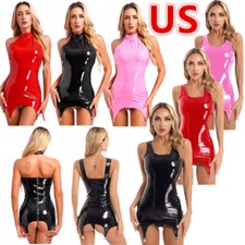 Women's Patent Leather Sleeveless Bodycon Dress with Garter Belt Rave Party
