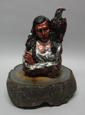 Fine NATIVE AMERICAN w/ EAGLE Pewter Sculpture w/ Geode Base  Signed  c. 1990s