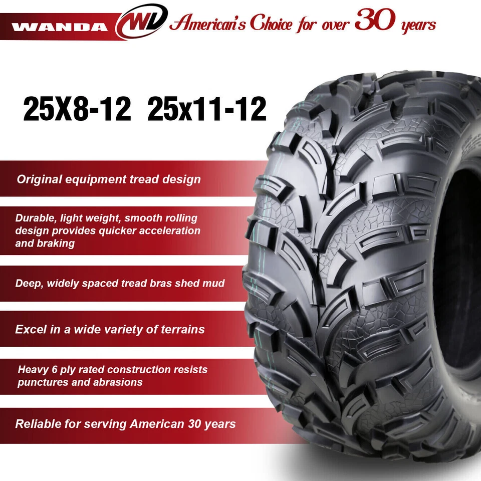4 neumáticos WANDA ATV 25x8-12 25x11-12 para 06-08 Land Pride TREKER 4200/4210/4220 Foto 3 de 4