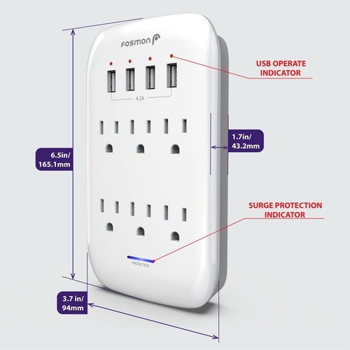 6 Outlet Extender Surge Protector With 4 USB Fast Charger Ports Wall Adapter Tap - Picture 8 of 9
