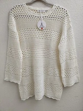 Anrabess Cream Round Neck Crochet Knit Pullover Long Sleeve Sweater sz S New