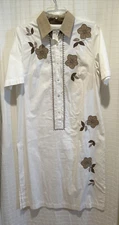 Beatrice di Borbone Dress 44 US 10 White Khaki Leaf Appliques Short Sleeve Italy