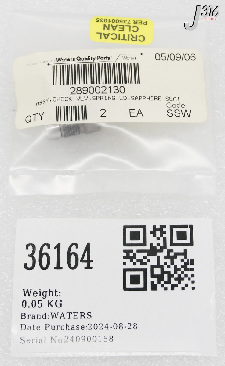36164 WATERS ASSY, CHECK VLV, SPRING-LD, SAPPHIRE SEAT NANOUPLC
