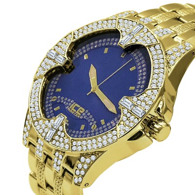 New Men's Luxury Yellow Gold Finish w/ Blue Face ''Solitude'' Custom Wristwatch