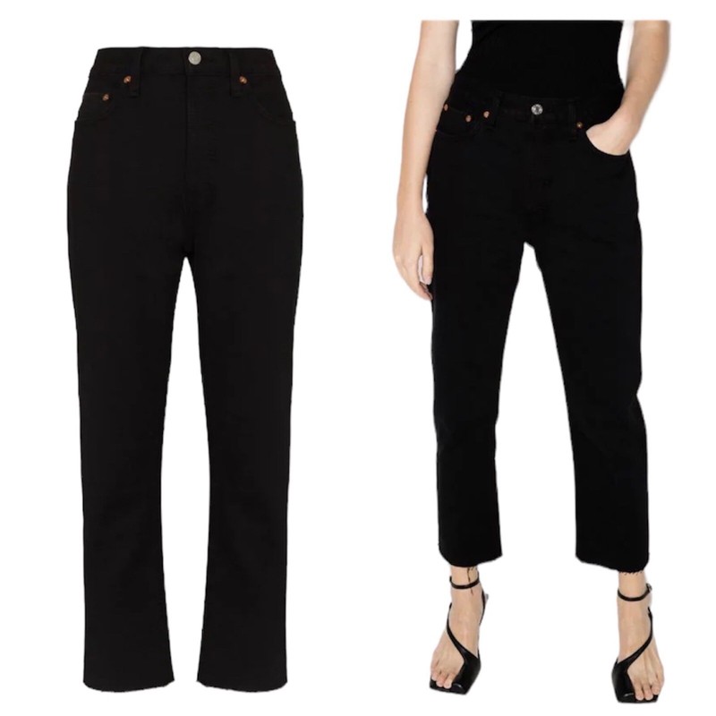 RE/DONE Black Noir Stove Pipe High Rise Cropped Raw Hem Cotton Jeans 27