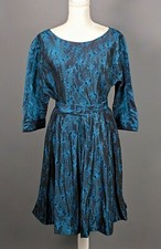 VTG Women's 50s Shiny Blue 2 PC Outfit Sz S / M 1950s Skirt  Top Set