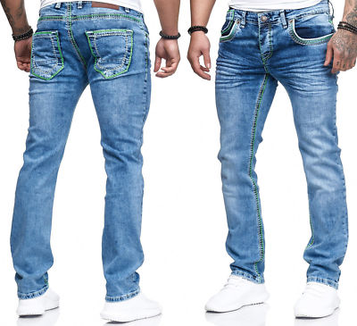 Herren Jeans Hose Denim Light-Blue KC-Black Washed Straight Cut Regular Stretch 