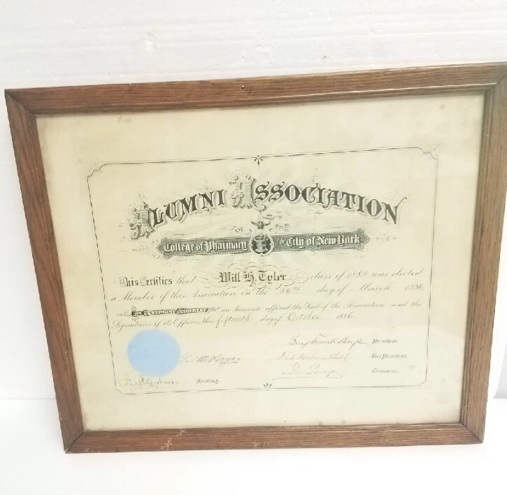 1886 NYC College of Pharmacy framed certificate diploma