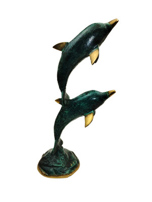 Bronze Brass Double Dolphin Art Sculpture Figurine Green with Gold Costal 13''