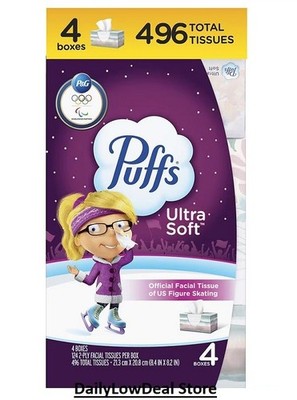4 Boxes - Puffs Ultra Soft 2-Ply Facial Tissues, White, 124 Tissues Per Box