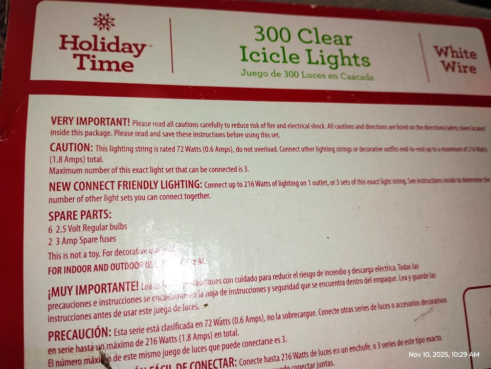 NEW! Holiday Time,Christmas 300 Icicle Light Set. 18 Feet. White Wire - Image 3 of 3