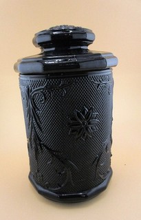 9" Tiara Glass Black Octagonal Floral Canister with Lid