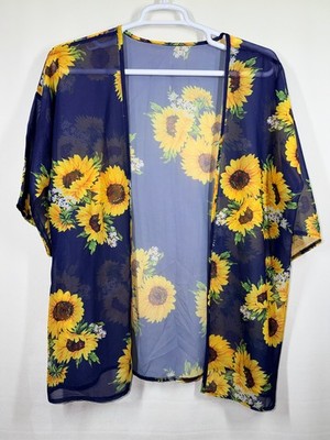 Hibluco Sunflower Yellow Navy Swimsuit Open Cover Up Duster Kimono Cardigan
