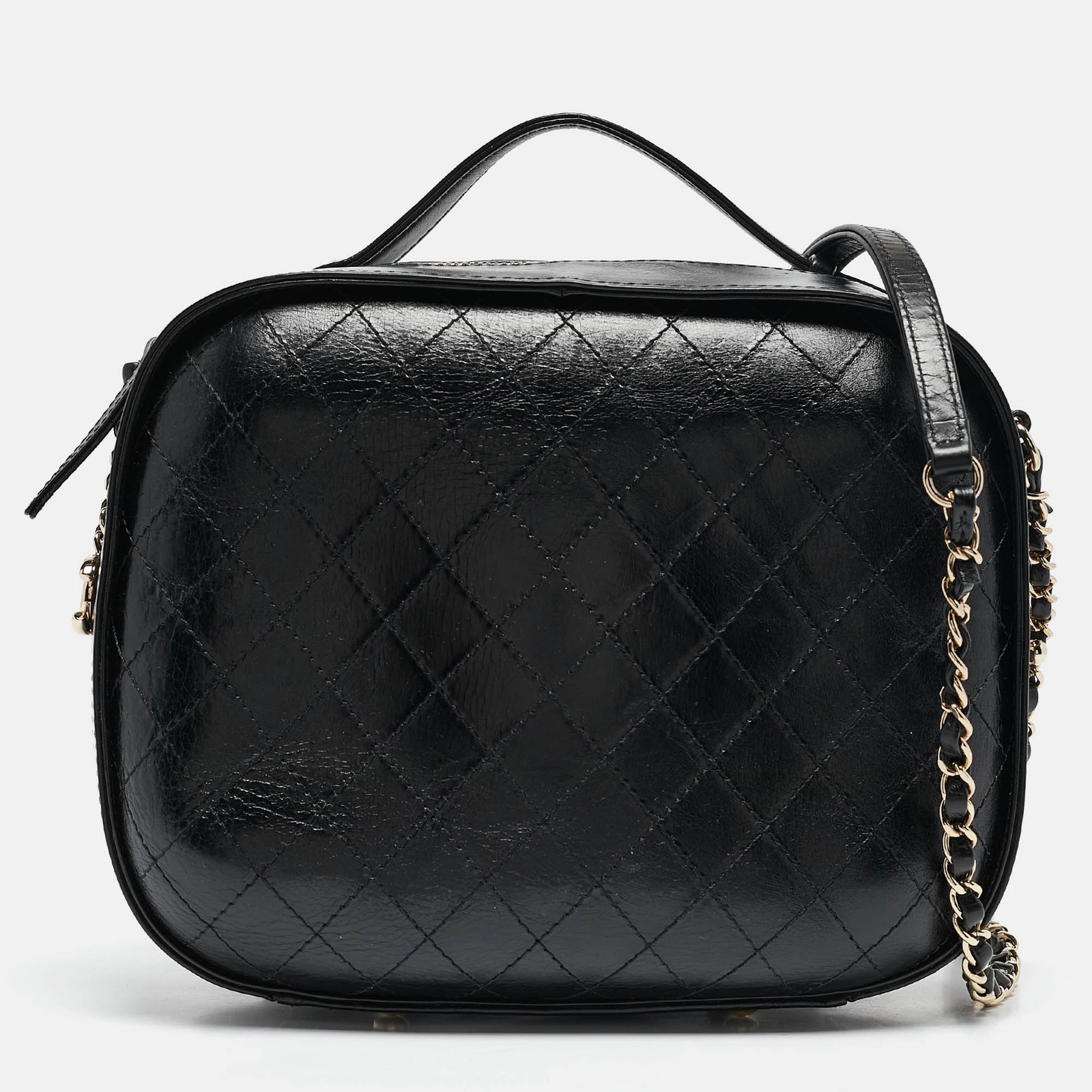 Chanel Black Quilted Leather CC Vanity Case with Top Handle