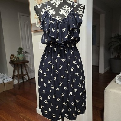 Dress Bird Print Swallows Women s Medium Ruffle Spaghetti Strap Boutique Brand
