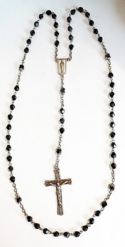 Vintage 1930 Art Deco Sterling Silver Cross with Deep Black Crystal Beads Rosary