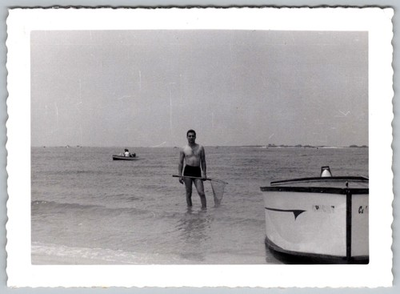 #ad Vtg Bamp;W Snapshot Man With Fishing Net In Water At Jones Beach Inlet NY August $12.99