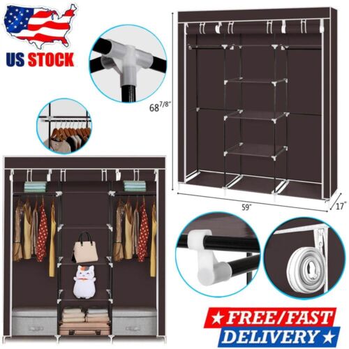 Closet Wardrobe Clothes Rack Storage Organizer Shelf Non-woven Brown 69"x59"