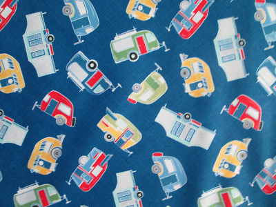 RETRO TRAILER VINTAGE CAMPERS BLUE TRAILERS COTTON FABRIC FQ 