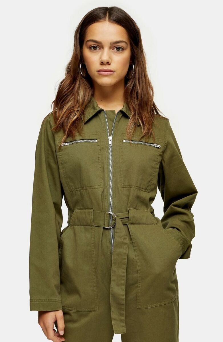 Topshop utility pocket casual jumpsuit in khaki