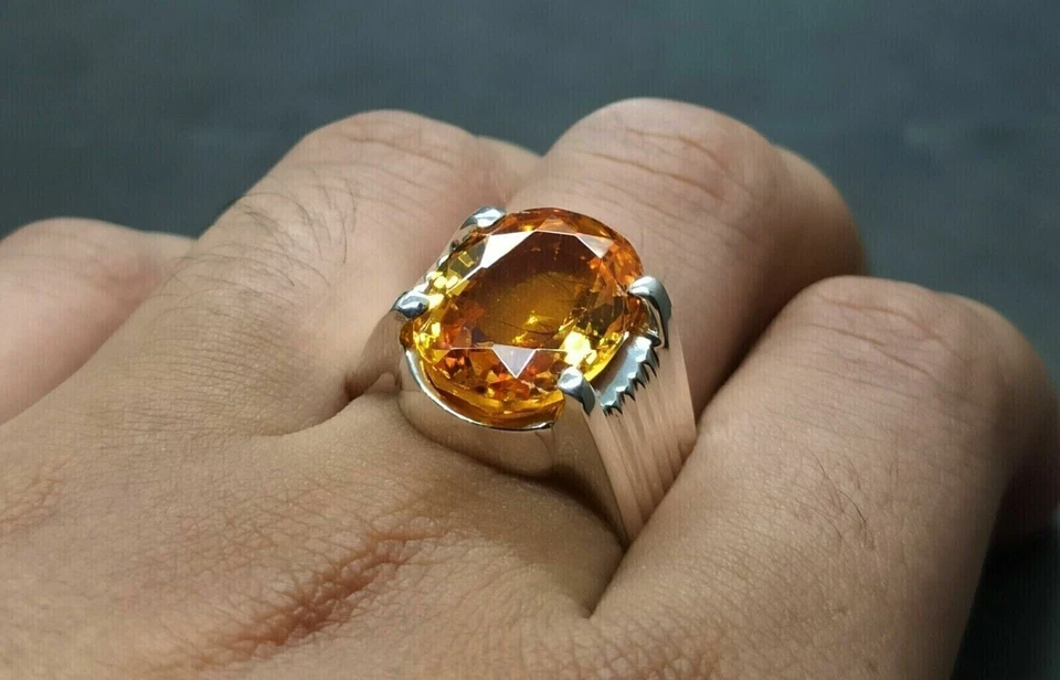 Anillo de boda solitario de plata 925 con citrino creado en laboratorio de corte ovalado de 6 quilates para hombre Foto 4 de 4