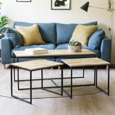 INDUSTRIAL SOLID MANGO WOOD COFFEE TABLE NEST LONG JOHN - 2 SIZES