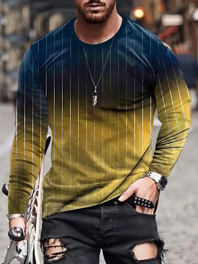T Shirt Black Yellow Gradient Stripe Long Sleeve Fashion
