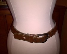 Vintage Brown Leather Belt Tooled Hand Painted Floral Boho Chic Hippie Western
