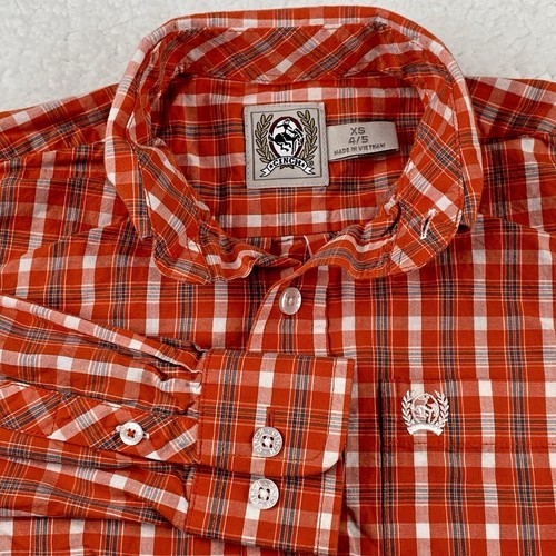 CINCH Button Down Shirt Boys XS 4-5 Orange Red Plaid Long Sleeve Western Rodeo
