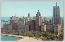 Postcard Chicago Illinois Drake Hotel Birds Eye View and Lake Michigan