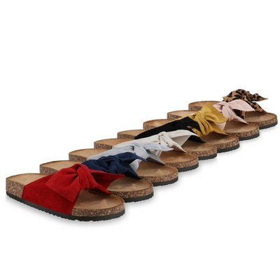 Damen Sandalen Pantoletten Hausschuhe Schleifen Korkoptik 830663 Schuhe
