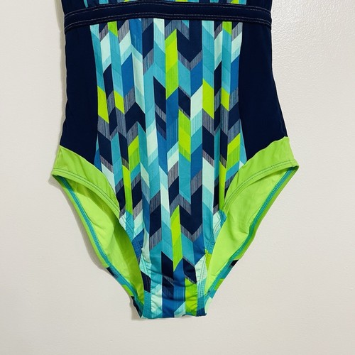 Costume da bagno LL Bean taglia 8 blu navy verde racerback geometrico sportivo nuovo senza etichette - Foto 5 di 13