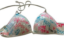 2010Vintage Victoria's Secret PINK Sequin Graffiti Triangle Kiss 86 Bikini Top.
