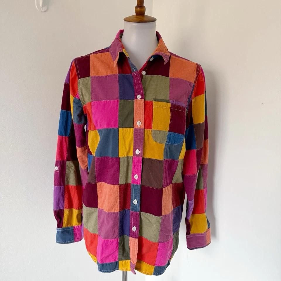 Camisa con botones Lands End para mujer mediana 10 12 retazos bloques de colores Rolltab algodón Foto 2 de 4