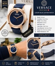 Versace Men's Swiss Made Quartz Blue Dial Blue Leather Strap Gold Case 38mm