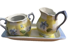 ANDREA BY SADEK CREAM & SUGAR BOWL - W/TRAY FLORAL DESIGN BLUE AND YELLOW -NICE!