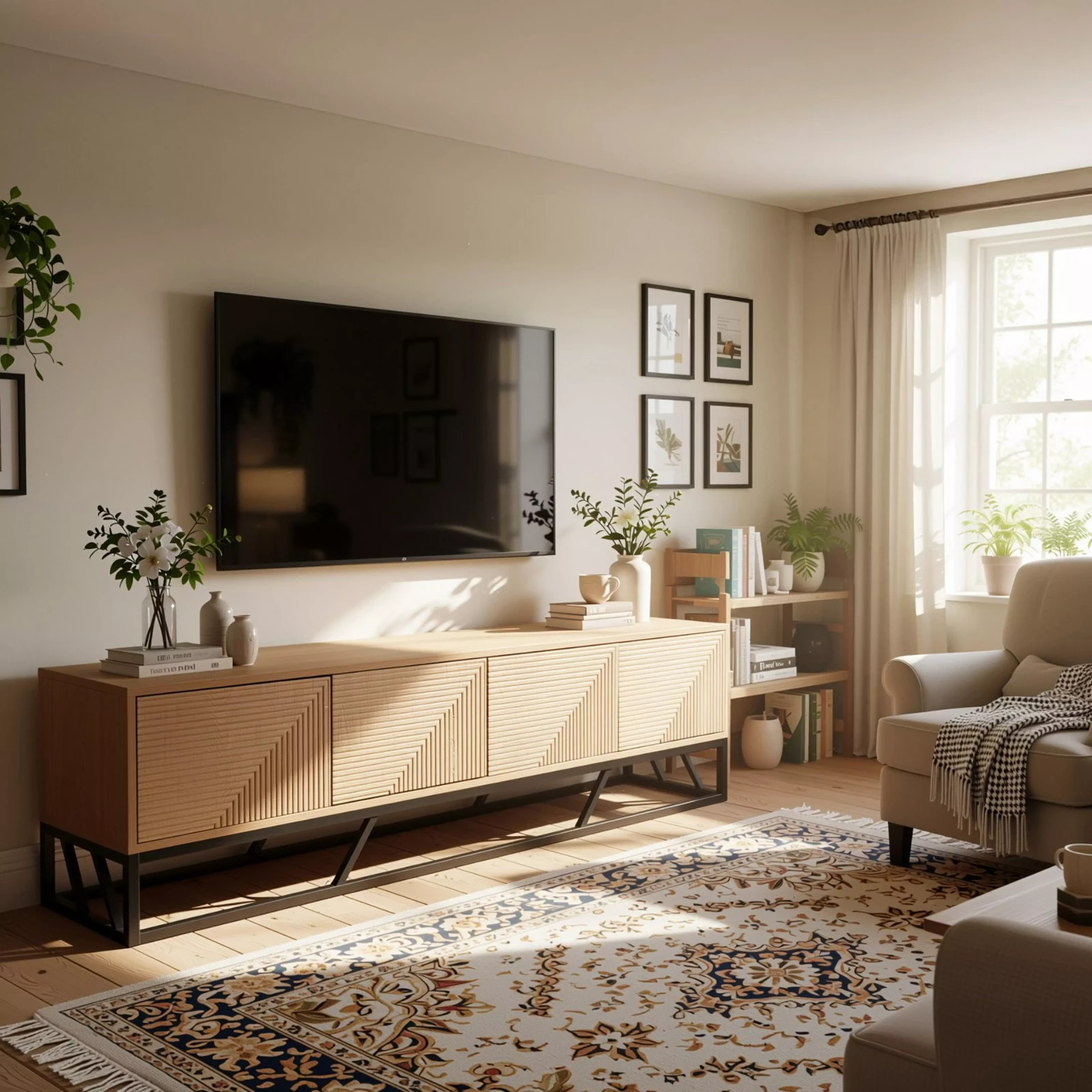 Scandinavian Oak Colour Wooden Geometric Grooved TV Unit 4 Doors Modern