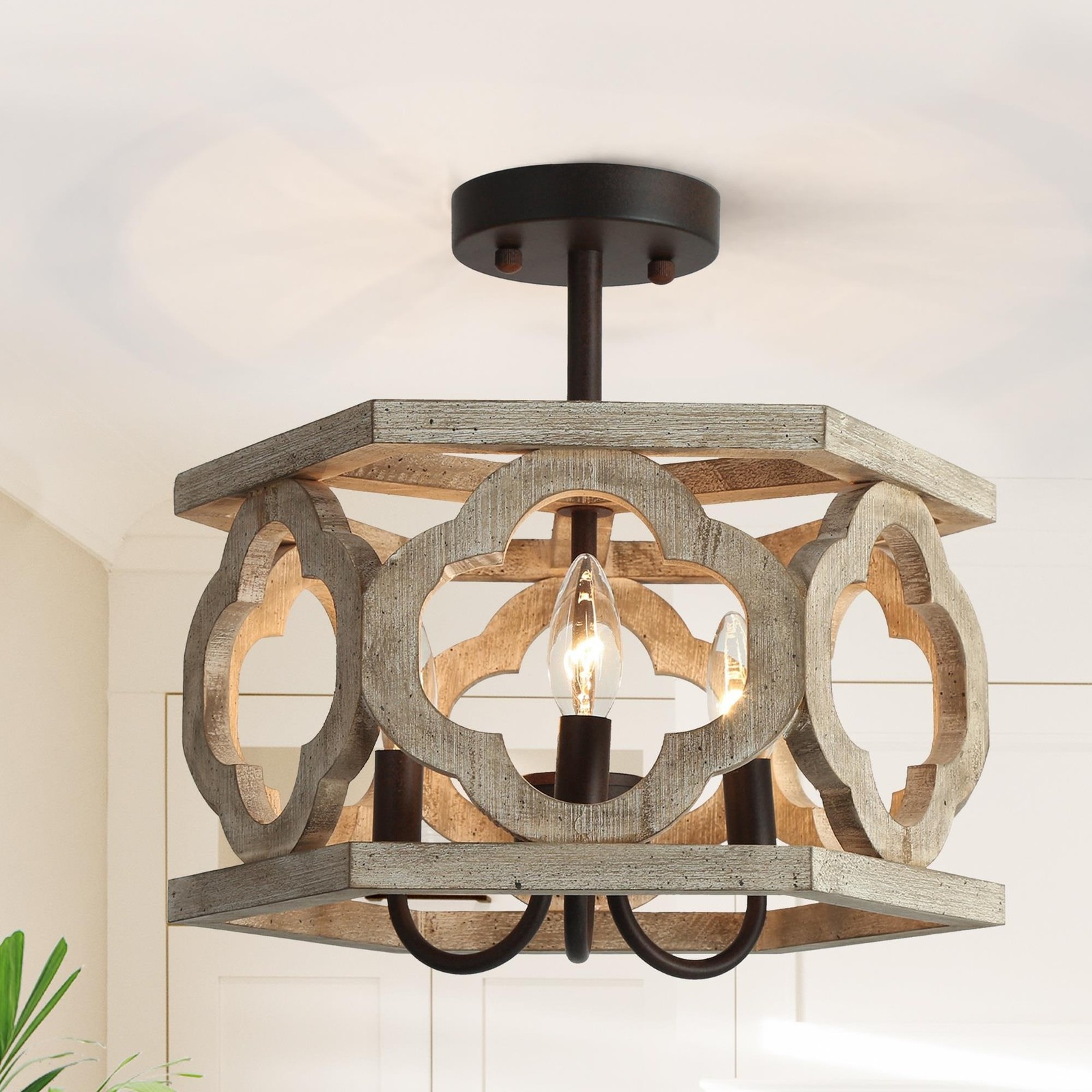 Modern Farmhouse 3-Light Drum Semi-Flush Mount Ceiling Fixture Brown 14x9 Inches