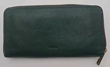 FOSSIL Green Sage Leather Zip Around Organizer Card Wallet Clutch