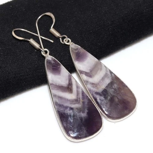 Chevron Amethyst 925 Silver Plated Earrings 2.3" Wedding Jewelry Trendy GW