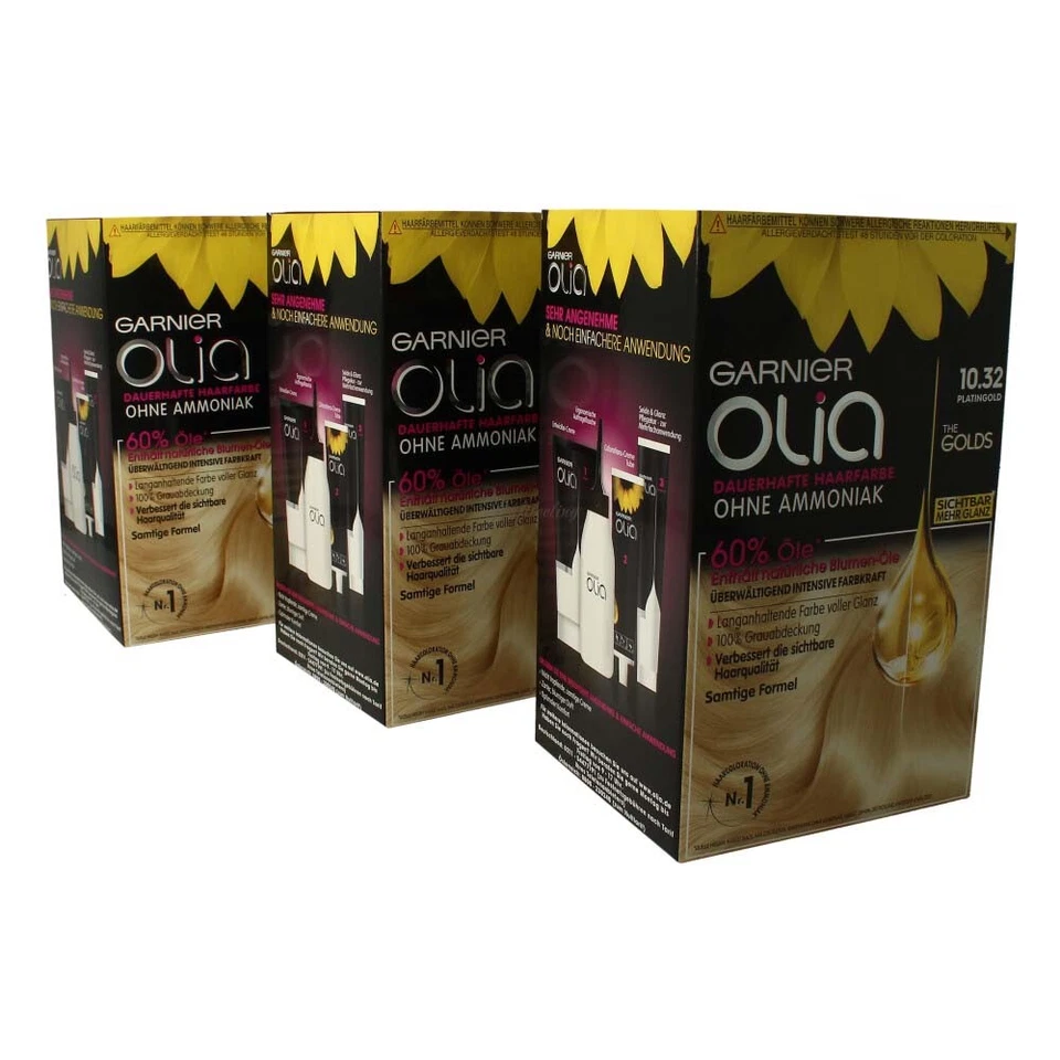 3 x Garnier Olia Dauerhafte Haarfarbe 10.32 Platingold