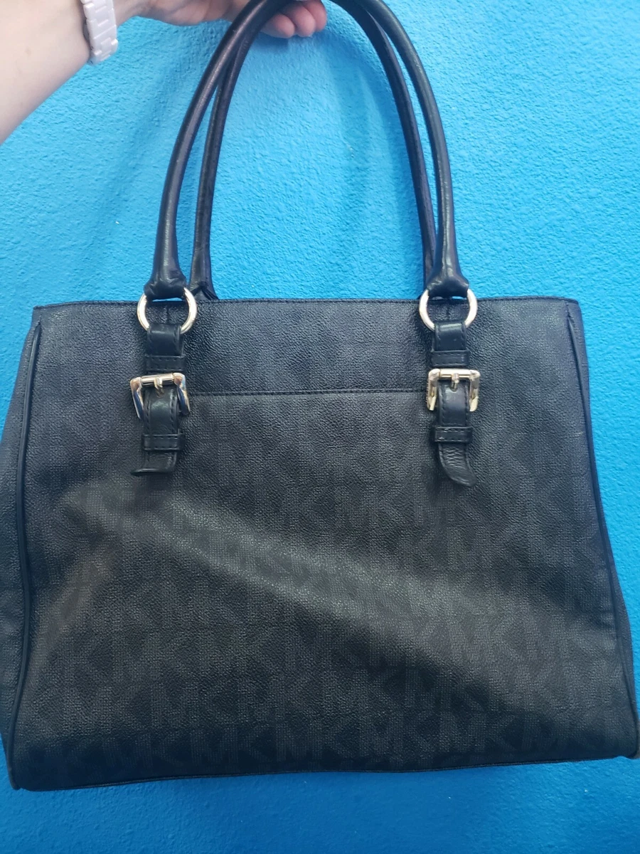 Authentic Michael Kors Monogram Leather Black Gold Handbag Purse Designer 465