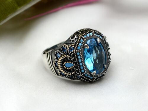 Aquamarine Ring Men 925 Sterling Silver Turkish Jewelry Size 7-14 - Picture 3 of 8