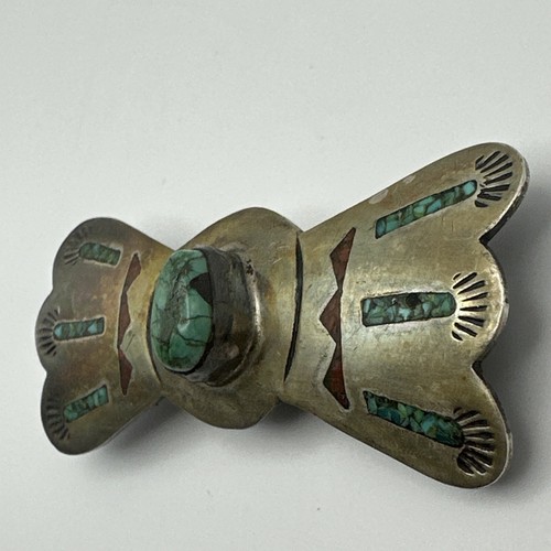 Native American Navajo Signed “CJ” Silver Turquoise Coral Bow Tie Belt Loop #4 - Picture 4 of 10