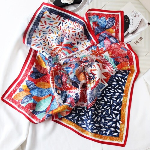 100% Silk 20" Small Square Scarf Women neckerchief Wrap Colourful Leaves Print - 第 5/6 張圖片